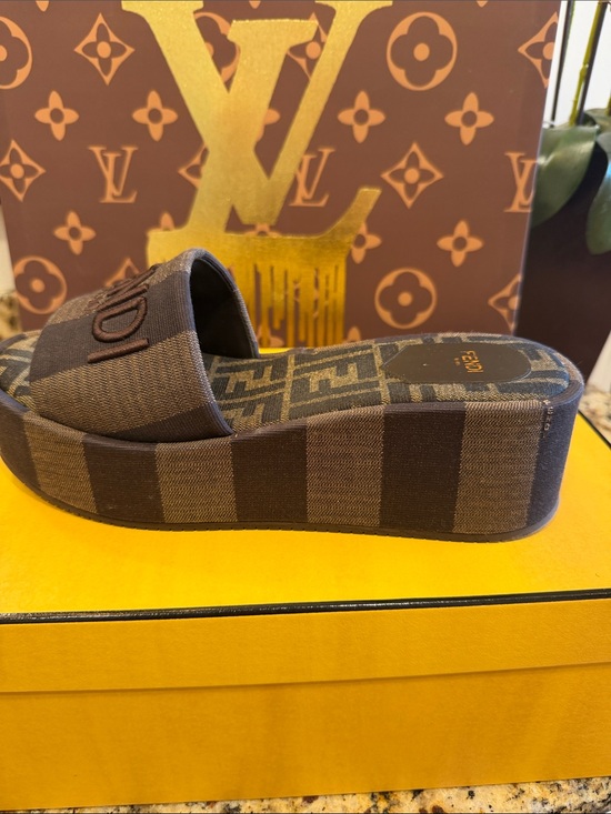 Fendi Other - Fendi Brown Striped Platform Slide with Logo Strap